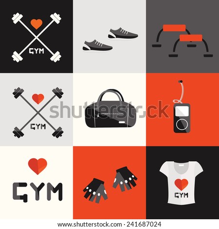 flat icon of fitness equipment elements vector set woman design details equipments graphic