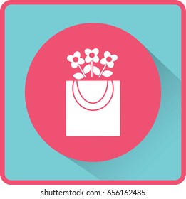 Icono plano. Flores en una bolsa de compras.