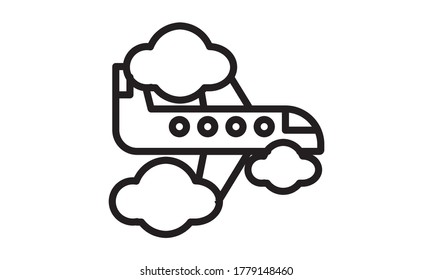 Flat icon of flying airplane with clouds on white background