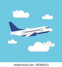 Flat icon of flying airplane with clouds on blue background