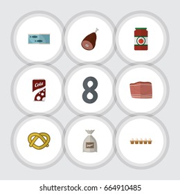 Flat Icon Food Set Of Beef, Tin Tuna, Ketchup And Other Vector Objects. Also Includes Egg, Fish, Tuna Elements.