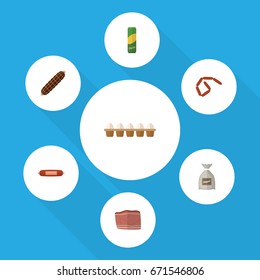 Flat Icon Food Set Of Beef, Spaghetti, Bratwurst And Other Vector Objects. Also Includes Smoked, Box, Kielbasa Elements.