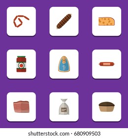 Flat Icon Food Set Of Bratwurst, Sack, Ketchup And Other Vector Objects. Also Includes Beef, Frankfurt, Sack Elements.