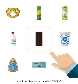 Flat Icon Food Set Of Confection, Yogurt, Canned Chicken And Other Vector Objects. Also Includes Confection, Pretzel, Canned Elements.