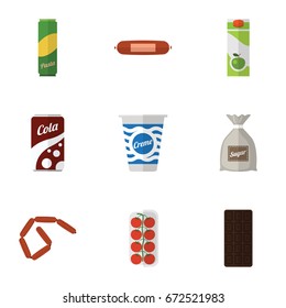 Flat Icon Food Set Of Confection, Spaghetti, Packet Beverage And Other Vector Objects. Also Includes Bar, Frankfurt, Drink Elements.