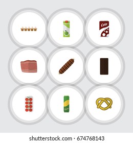 Flat Icon Food Set Of Confection, Tomato, Cookie And Other Vector Objects. Also Includes Bar, Fizzy, Smoked Elements.