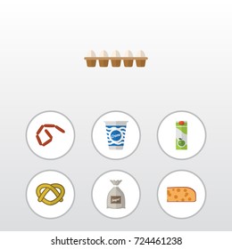 Flat Icon Food Set Of Cookie, Eggshell Box, Bratwurst And Other Vector Objects. Also Includes Egg, Cheese, Cream Elements.