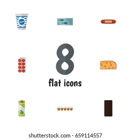 Flat Icon Food Set Of Eggshell Box, Yogurt, Tin Tuna And Other Vector Objects. Also Includes Bar, Fish, Box Elements.