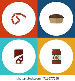 Flat Icon Food Set Of Ketchup, Tart, Bratwurst And Other Vector Objects. Also Includes Fizzy, Drink, Tomato Elements.