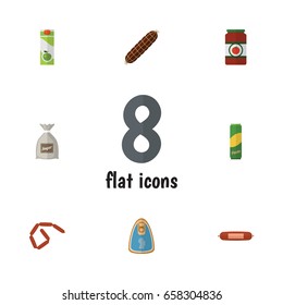 Flat Icon Food Set Of Packet Beverage, Canned Chicken, Ketchup And Other Vector Objects. Also Includes Pasta, Spaghetti, Apple Elements.