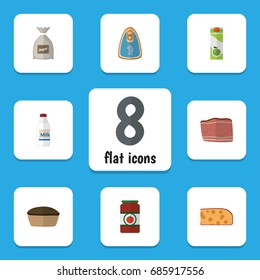 Flat Icon Food Set Of Sack, Canned Chicken, Tart And Other Vector Objects. Also Includes Tomato, Pie, Bag Elements.