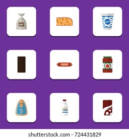 Flat Icon Food Set Of Sack, Yogurt, Cheddar Slice And Other Vector Objects. Also Includes Custard, Sugar, Chicken Elements.