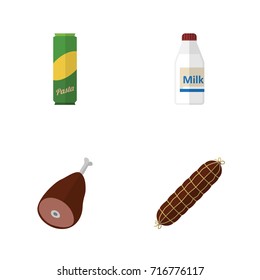 Flat Icon Food Set Of Smoked Sausage, Bottle, Meat And Other Vector Objects. Also Includes Breakfast, Smoked, Macaroni Elements.