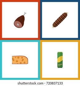 Flat Icon Food Set Of Smoked Sausage, Cheddar Slice, Spaghetti And Other Vector Objects. Also Includes Smoked, Ham, Pasta Elements.