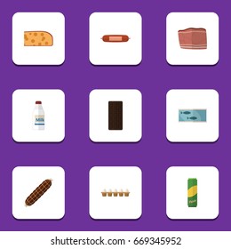 Flat Icon Food Set Of Spaghetti, Beef, Cheddar Slice And Other Vector Objects. Also Includes Cheese, Tuna, Canned Elements.