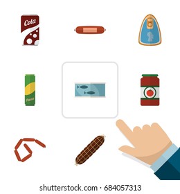 Flat Icon Food Set Of Spaghetti, Ketchup, Tin Tuna And Other Vector Objects. Also Includes Fizzy, Tomato, Drink Elements.