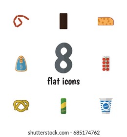 Flat Icon Food Set Of Spaghetti, Canned Chicken, Cheddar Slice And Other Vector Objects. Also Includes Bar, Breakfast, Tomato Elements.