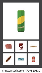 Flat Icon Food Set Of Spaghetti, Fizzy Drink, Smoked Sausage And Other Vector Objects. Also Includes Tuna, Spaghetti, Smoked Elements.