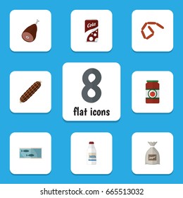 Flat Icon Food Set Of Tin Tuna, Smoked Sausage, Bratwurst And Other Vector Objects. Also Includes Beef, Tomato, Bottle Elements.