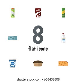 Flat Icon Food Set Of Tin Tuna, Yogurt, Cheddar Slice And Other Vector Objects. Also Includes Breakfast, Juice, Yogurt Elements.