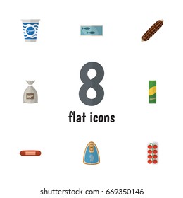 Flat Icon Food Set Of Tin Tuna, Kielbasa, Tomato And Other Vector Objects. Also Includes Tuna, Chicken, Love Elements.