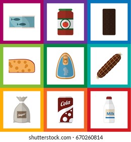 Flat Icon Food Set Of Tin Tuna, Sack, Smoked Sausage And Other Vector Objects. Also Includes Fish, Fizzy, Sugar Elements.