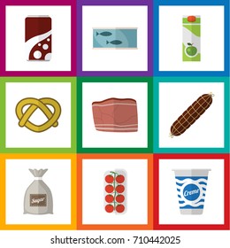 Flat Icon Food Set Of Tin Tuna, Cookie, Yogurt And Other Vector Objects. Also Includes Meat, Cream, Soda Elements.