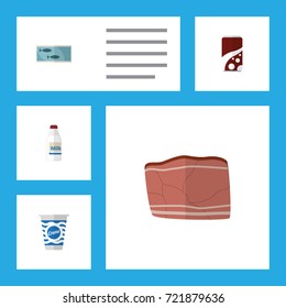 Flat Icon Food Set Of Tin Tuna, Yogurt, Beef And Other Vector Objects. Also Includes Fish, Yogurt, Milk Elements.