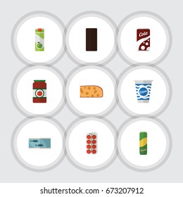 Flat Icon Food Set Of Yogurt, Fizzy Drink, Confection And Other Vector Objects. Also Includes Bar, Tuna, Packet Elements.