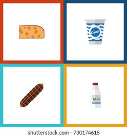 Flat Icon Food Set Of Yogurt, Smoked Sausage, Cheddar Slice And Other Vector Objects. Also Includes Cream, Sausage, Yogurt Elements.