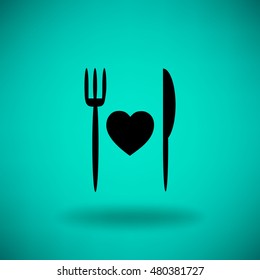 Flaches Symbol. Gabel und Messer. In Liebe gekocht.