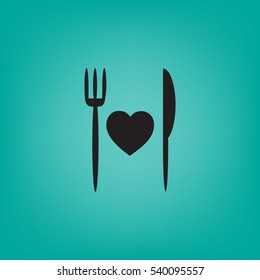 Flaches Symbol. Gabel und Messer. In Liebe gekocht.