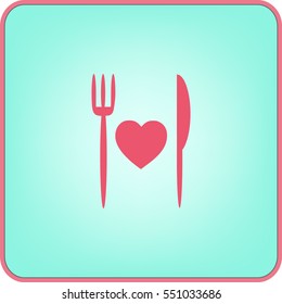 Flat icon. Fork and knife. Cooked with love.