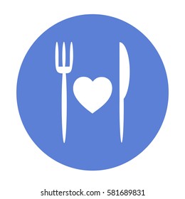Flat icon. Fork and knife. Cooked with love.