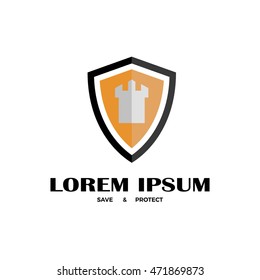 Flat icon of fortresson shield. Tower on shield background. Logotype of security company.