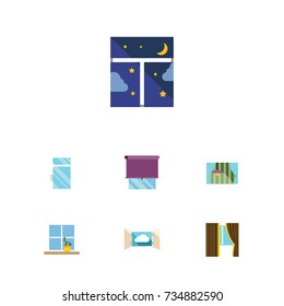 Flat Icon Frame Set Of Clean, Flowerpot, Curtain And Other Vector Objects. Also Includes Night, Open, Curtain Elements.