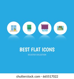 Flat Icon Frame Set Of Curtain, And Other Vector Objects. Also Includes Window, Pot Elements.