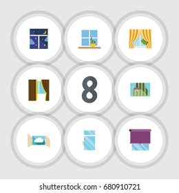 Flat Icon Frame Set Of Flowerpot, Glazing, Curtain And Other Vector Objects. Also Includes Flower, Balcony, Window Elements.