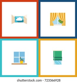 Flat Icon Frame Set Of Glass Frame, Flowerpot, Balcony And Other Vector Objects. Also Includes Balcony, Flower, Window Elements.