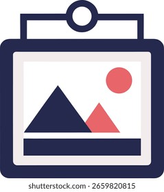 Icono plano de un paisaje enmarcado con montañas y sol