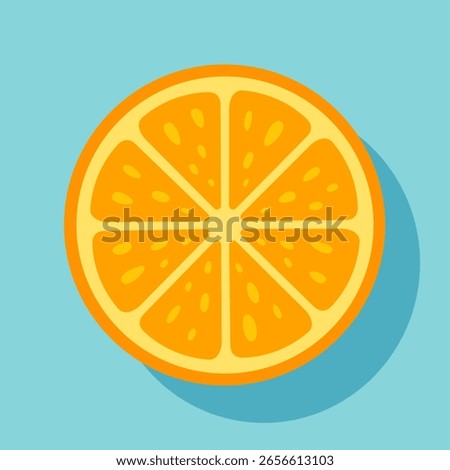 Flat icon of a fresh orange slice with eight segments on a light blue background. Bright and juicy look suitable for food, health, or citrus-themed design