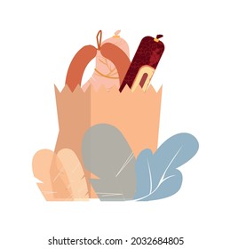 Flat icon with fresh sausages in paper bag vector illustration
