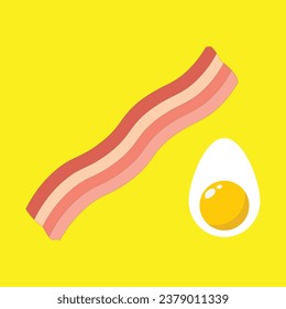 Un icono plano frito de bacón y huevos cocidos con fondo amarillo. Ilustración vectorial.
