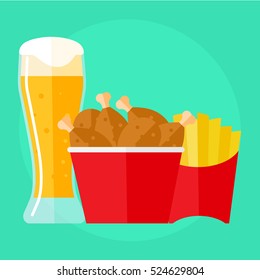 flat icon fried chicken in the box, beer and fries