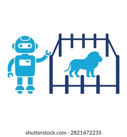 Flat icon of a friendly robot standing next to a lion in a zoo cage