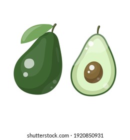 Vocado de fruta de icono plano con hoja. Todo y rebanar. Ilustración del vector aislada en fondo blanco