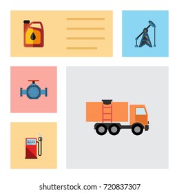 Flat Icon Fuel Set Of Petrol, Rig, Van And Other Vector Objects. Also Includes Pump, Station, Gas Elements.