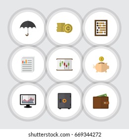 Flat Icon Gain Set Of Billfold, Cash, Parasol And Other Vector Objects. Also Includes Counter, Bank, Parasol Elements.