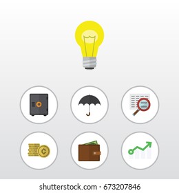 Flat Icon Gain Set Of Billfold, Parasol, Cash And Other Vector Objects. Also Includes Scan, Diagram, Cash Elements.