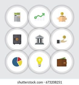 Flat Icon Gain Set Of Billfold, Money Box, Calculate And Other Vector Objects. Also Includes Billfold, Safe, Bank Elements.